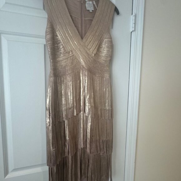 Herve Leger | Dresses | Herve Leger Gold Bandage Fringe Dress | Poshmark